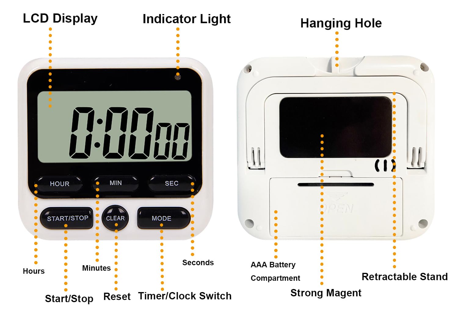 Paquete de 2 temporizadores digitales de cocina dobles con imán, cuenta regresiva y cronómetro de 24 horas, alarma fuerte, reloj de 12/24 horas, calendario, modo de silencio, indicador visual