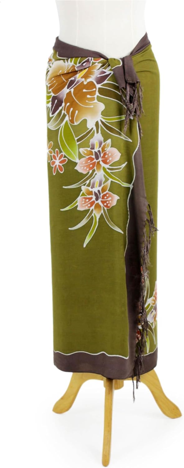 NOVICA Artisan Handmade Rayon Batik Sarong Olive Green with Floral Motif Clothing Patterned Thailand ' Autumn Cattleya'