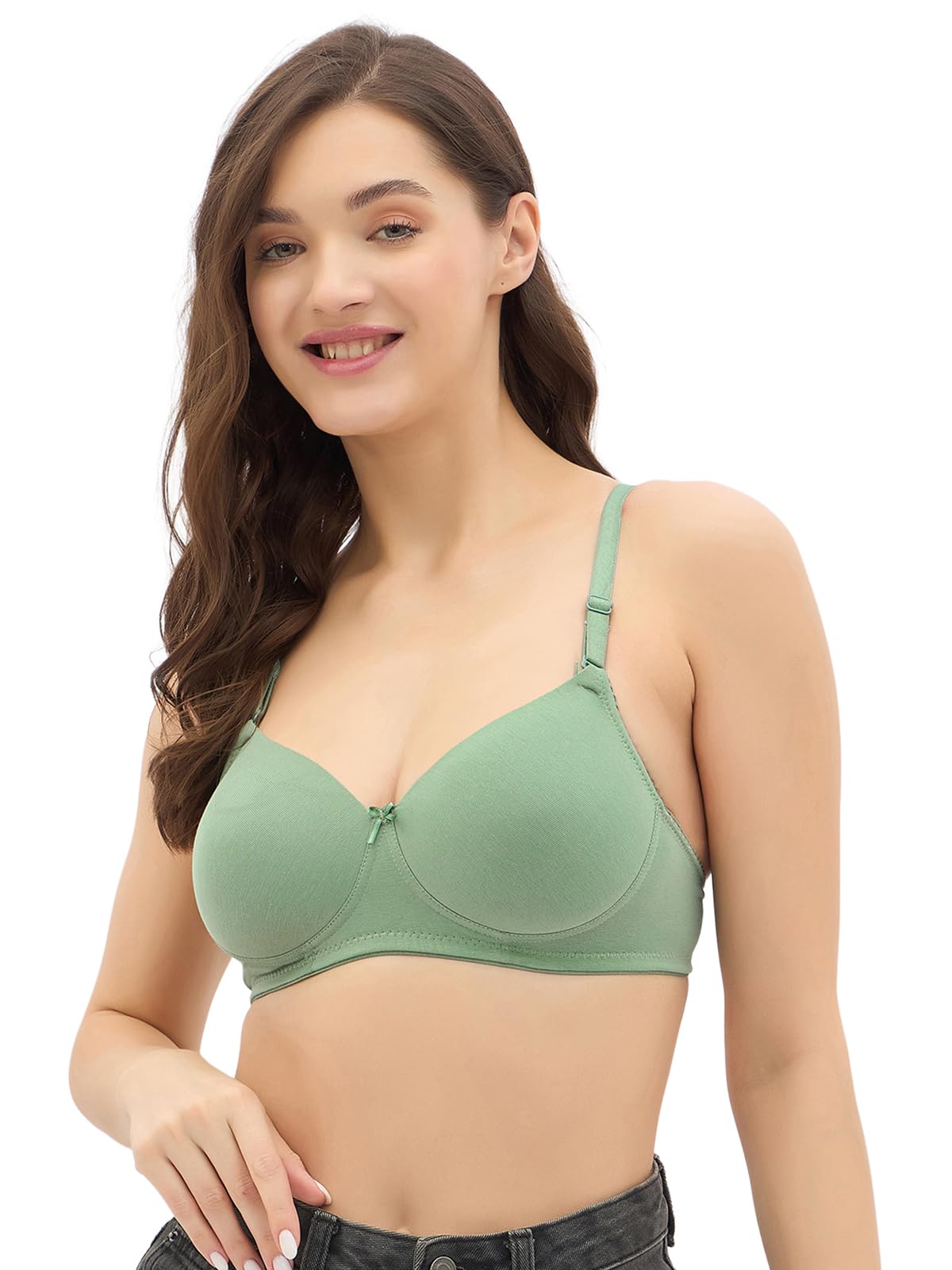 Women's Cotton Padded Non-Wired Demi Cup T-Shirt Bra in Green