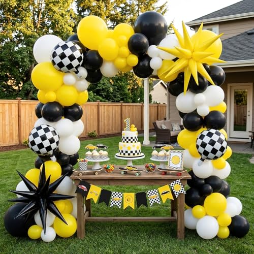 Image of One Happy Dude Balloon Arch Garland Kit, 126Pcs 18" 12" 10" 5" Yellow Black Balloons with Checkered Foil Balloons for One Happy Dude Birthday Decorations Baby Shower Boys 1st Birthday Party Supplies