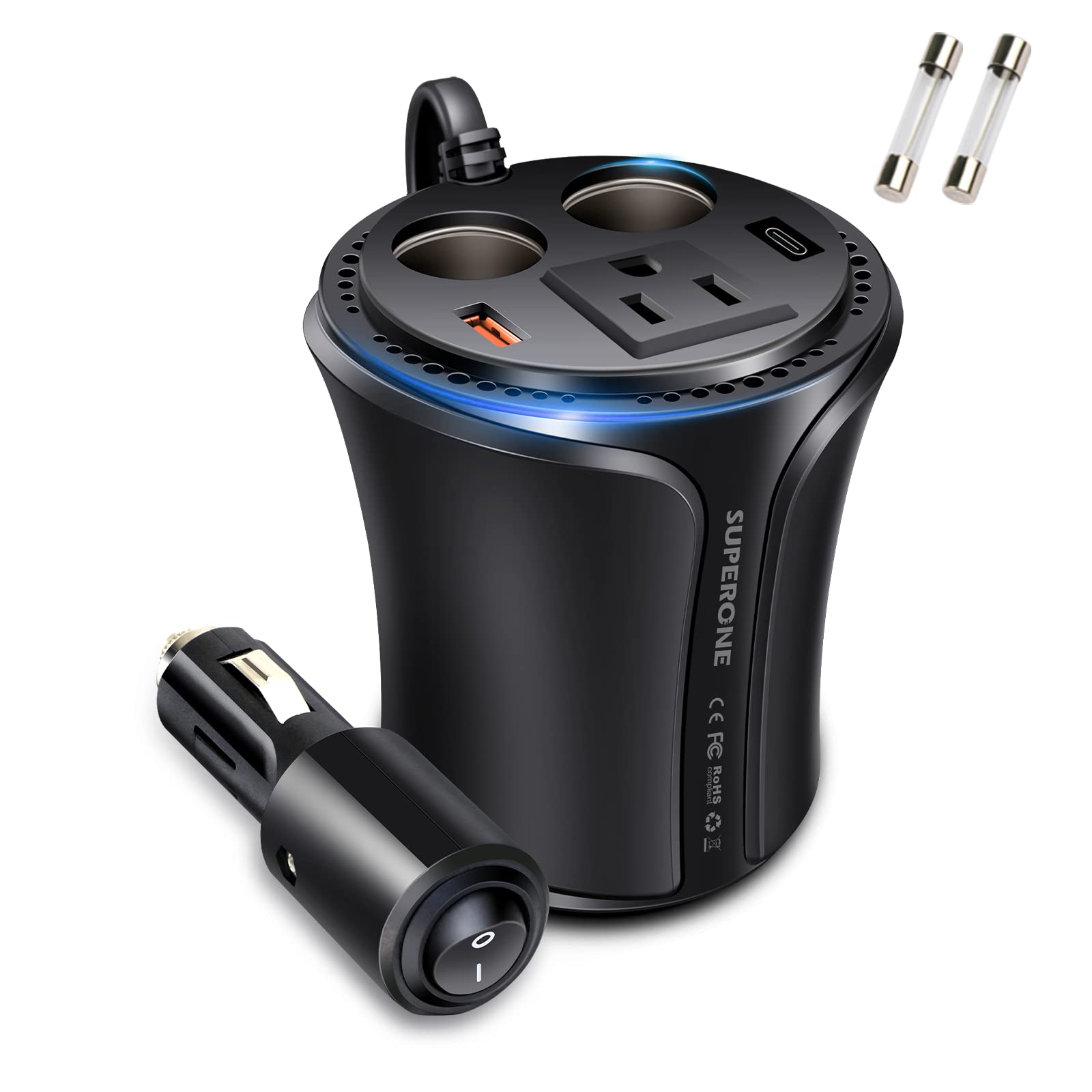 Car Power Inverter Cup Holder Charger, SUPERONE 150W Car Inverter 12V to 110V AC with 27W USB C & QC3.0 and 2 Car Power Adapter
