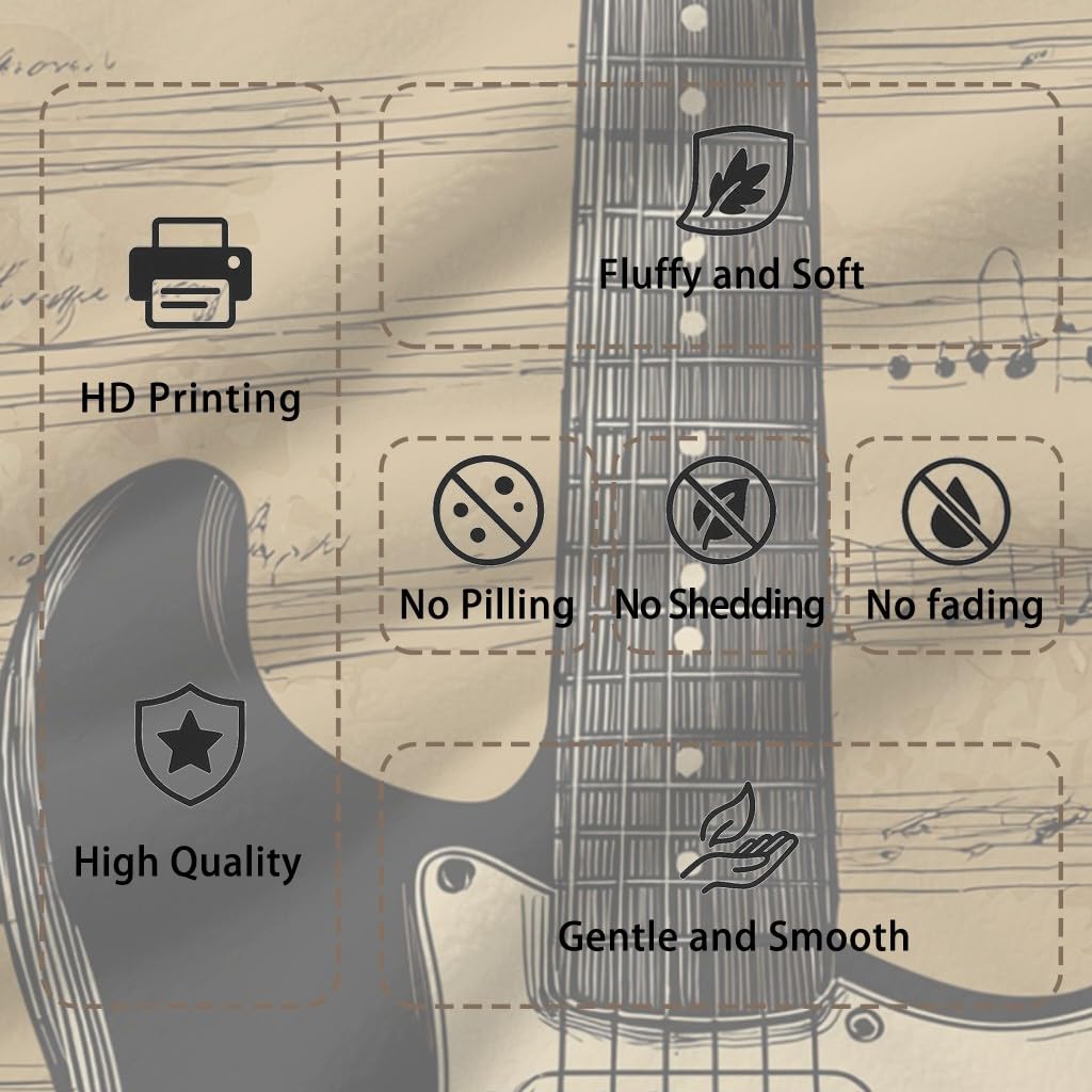 Manta musical de 200 x 200 cm, diseño vintage de instrumentos musicales con notas de guitarra, manta de forro polar acogedora de microfibra para sofá, cama, regalo para padres de niños, marrón