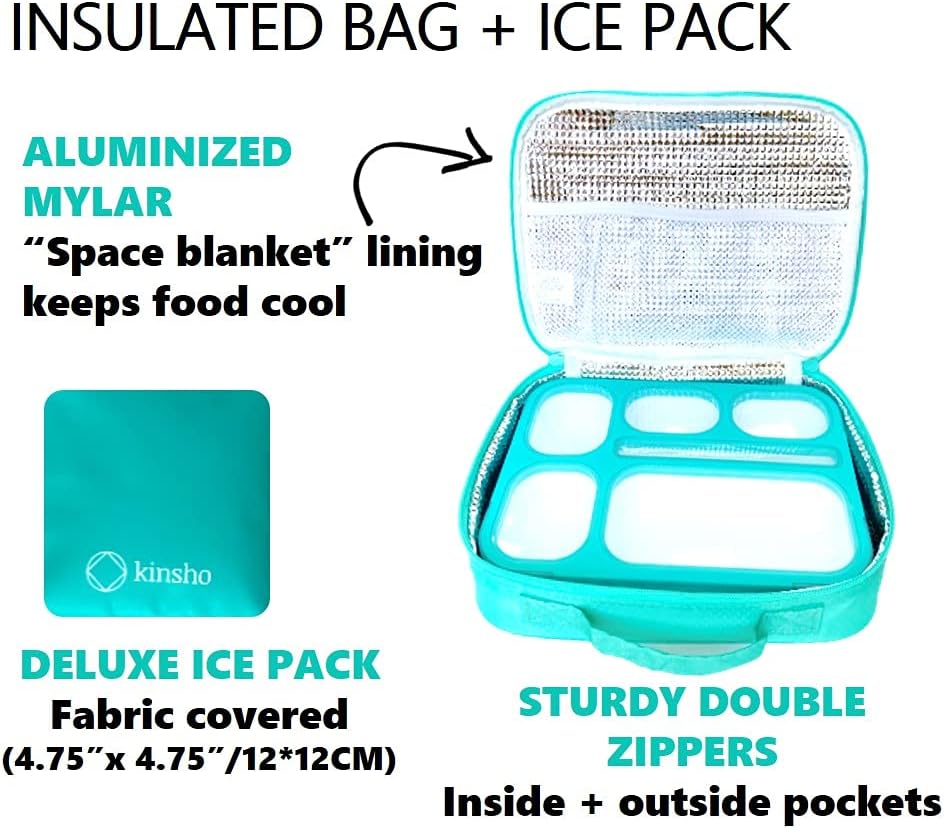 kinsho Bundle of 2 MINI Lunch-Box Snack Containers for Kids (Blue + Orange) + Bento-Box with Bag and Ice Pack Set (Teal)