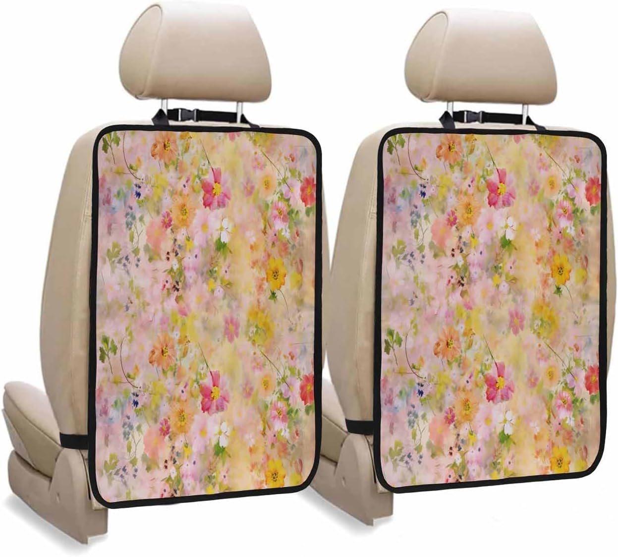 Car Seat Protector, 2 Pack Kick Mats Back Seat Protector Spring Vintage Watercolor Yellow Flowers Oil Painting Waterproof Backseat Cover for Kids Universal Fit Automotive Interior Protectors