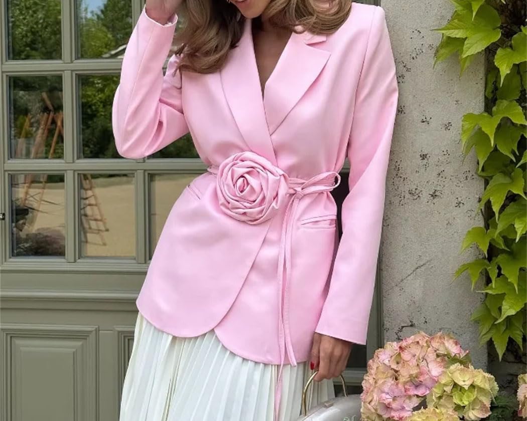 Women Floral Lace Up Blazer Lapel Long Sleeve Loose Coat Elegant Office Street Casual Jackets