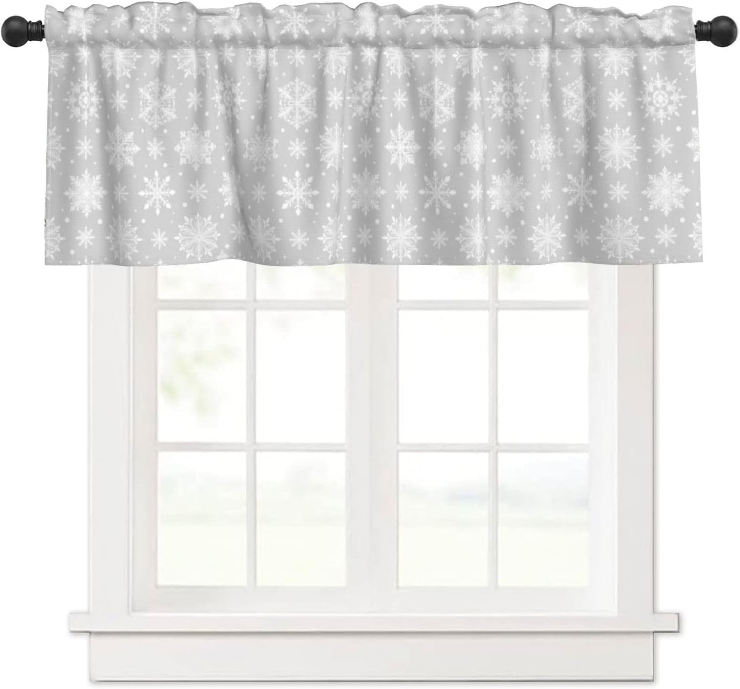 Christmas Valance for Windows Winter White Snowflake Dot Gray Short Kitchen Curtain Valances Rod Pocket Window Treatment for Living Room Bedroom Bathroom Decor 1 Panel, 54x18in
