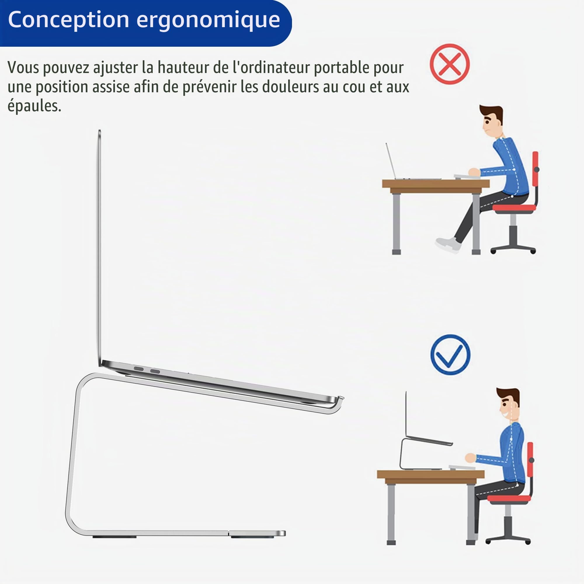 BESIGN LS03S Support Ordinateur Portable Aluminium Ergonomique 10-15,6 Pouces Métal Argent