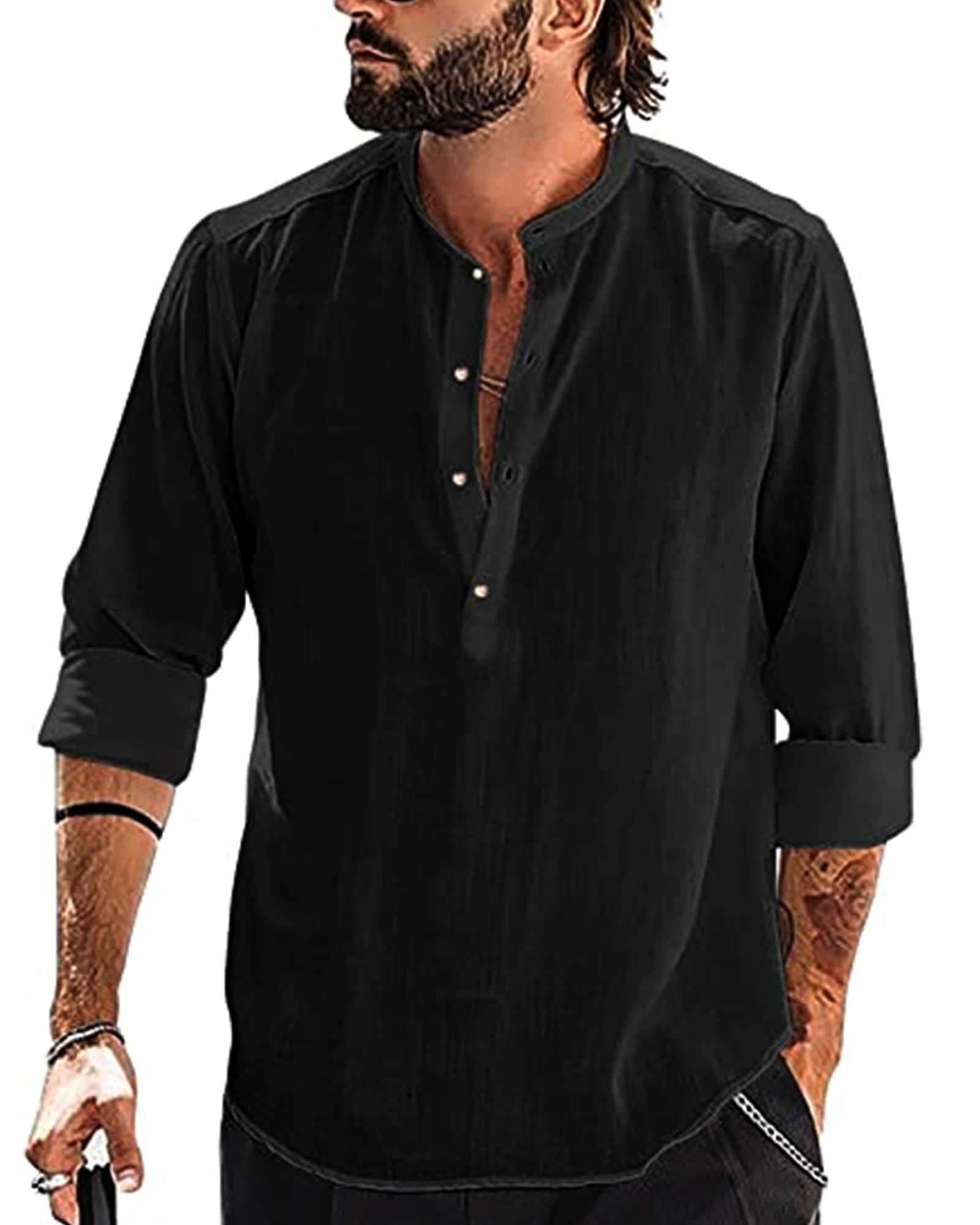 YAOBAOLE Camisas para hombres camisa de manga larga para hombre camisa de lino de algodón Henley Fit camisa casual camisas, 01 negro, M