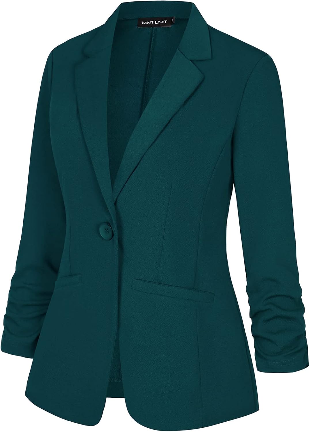 Women's Casual Blazer 3/4 Ruched Sleeve Open Front Button Work Office Blazer Jackets with Pockets - image 2