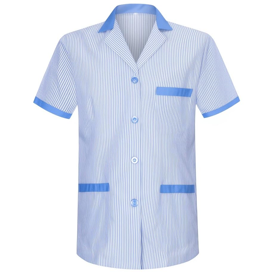 KAIXUAN - Casaca Sanitaria Raya Cuello Solapa Manga Corta - Casaca SEÑORA con BOTÓN - Uniforme Laboral Limpieza HOSTELERÍA – Camiseta Pijama Cuello Solapa Bicolor - Serie T820 (Azul Celeste -4, M)