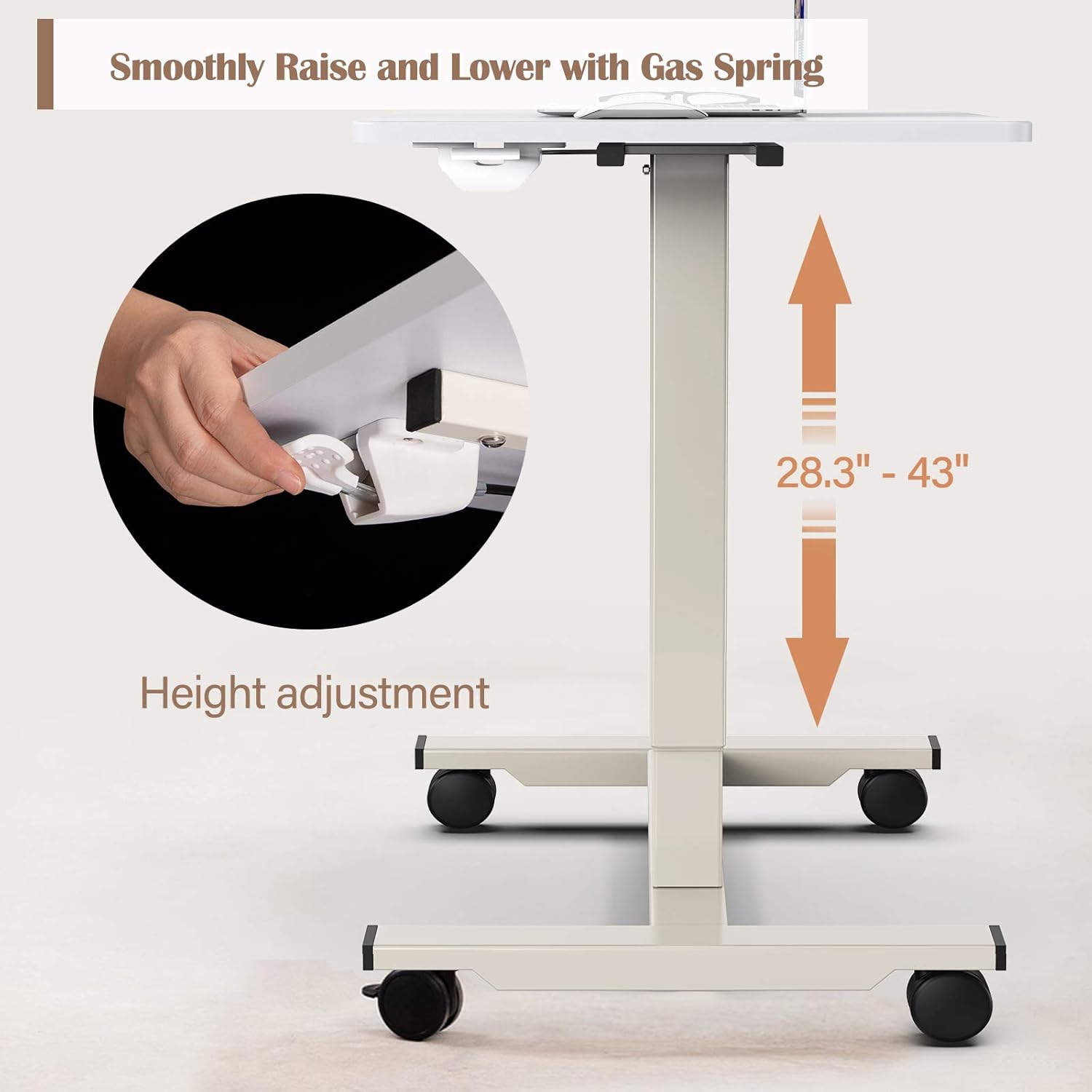 Mobile Standing Desk 27 inch Pneumatic Height Adjustable Home Office Desk Space Saving Writing Workstation Rolling Desk Cart Gas Spring Assist Laptop Table with Lockable Wheels by STOREMIC (White) : Home & Kitchen