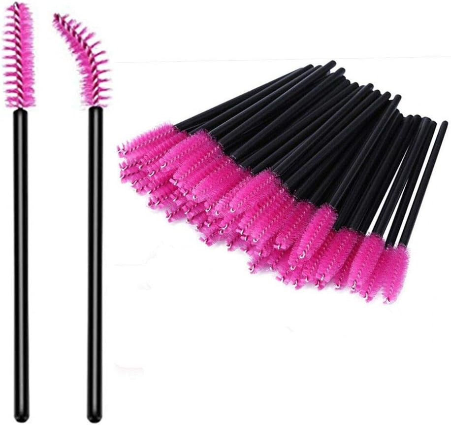 100 Pack Disposable Eyelash Brushes tools, Mascara Wands Brushes Eyebrow Applicator Makeup Brush Kits (Black Handle- Rose Red Head)