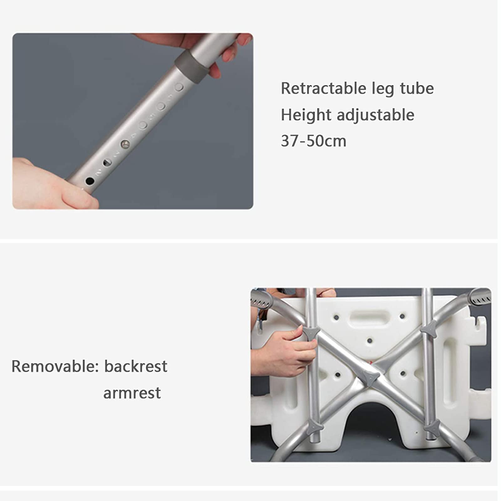 Silla De Baño para Ancianos,Taburete De Ducha Ajustable con Respaldo, Reposabrazos Reversible Tipo Banco De Baño Tipo U, Pies De Ventosa Antideslizantes，para Minusválidos