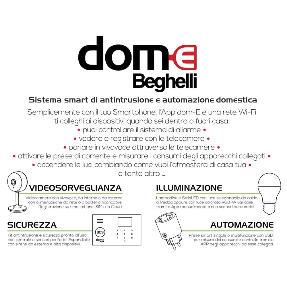 Beghelli - Telecamera Wifi Dom-e, Orientabile tramite App, Videocamera Sorveglianza Full HD, Sensore Movimento, Audio, Visione Notturna 10m, Rotazione 355° 85°, 1 Unità