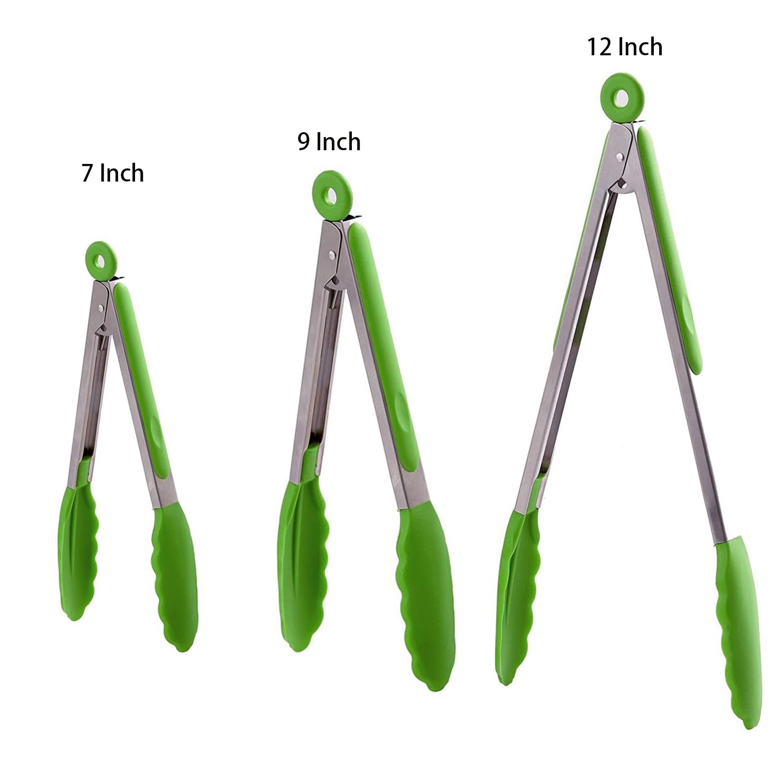 AMZDIAI Kitchen Tongs with Silicone Tips,Tongs for Cooking Heat Resistant 600 Degrees Stainless Steel Locking Tongs,Grass Green Set of 3-7