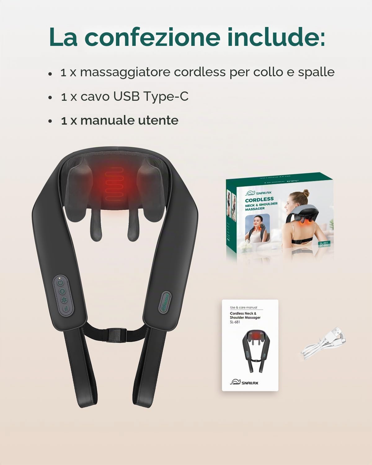 Snailax Massaggiatore per collo senza fili 4D migliorato con calore, massaggiatore elettrico shiatsu con knet, massaggiatore per collo, spalle, schiena, gambe, regali per uomini e donne
