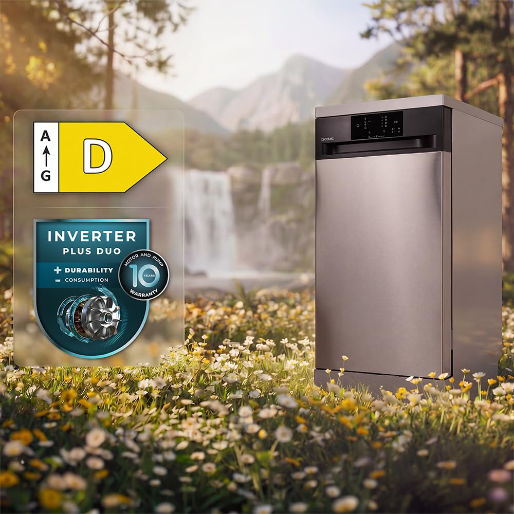 Cecotec Lavastoviglie Libera Installazione 45 cm Bolero Aguazero 4350 Inox. 9 Coperti, 4 Programmi, Classe D, Inverter Plus Duo, Pannello Touch, AutoClean, Delay Start, Cestello Posate, Inox