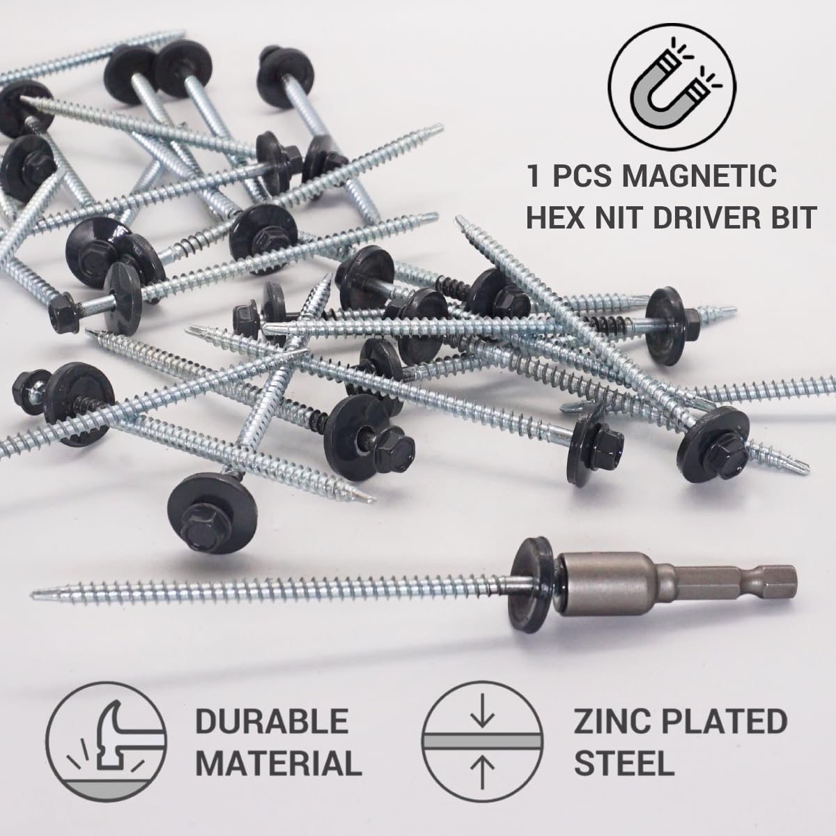 SKIR'CO (100 pcs) Painted Roofing Screws 4.8 x 100 mm, Hex Head, Self-Drilling Screws With EPDM Washers (Anthracite Grey, RAL 7016) - Image 3