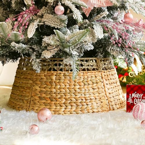 Joyhalo Christmas Tree Collar, 25.5in Wicker Skirt for 7.5 ft Rustic Woven Pencil Artificial Tree, Xmas Basket, Farmhouse Rattan Base Cover