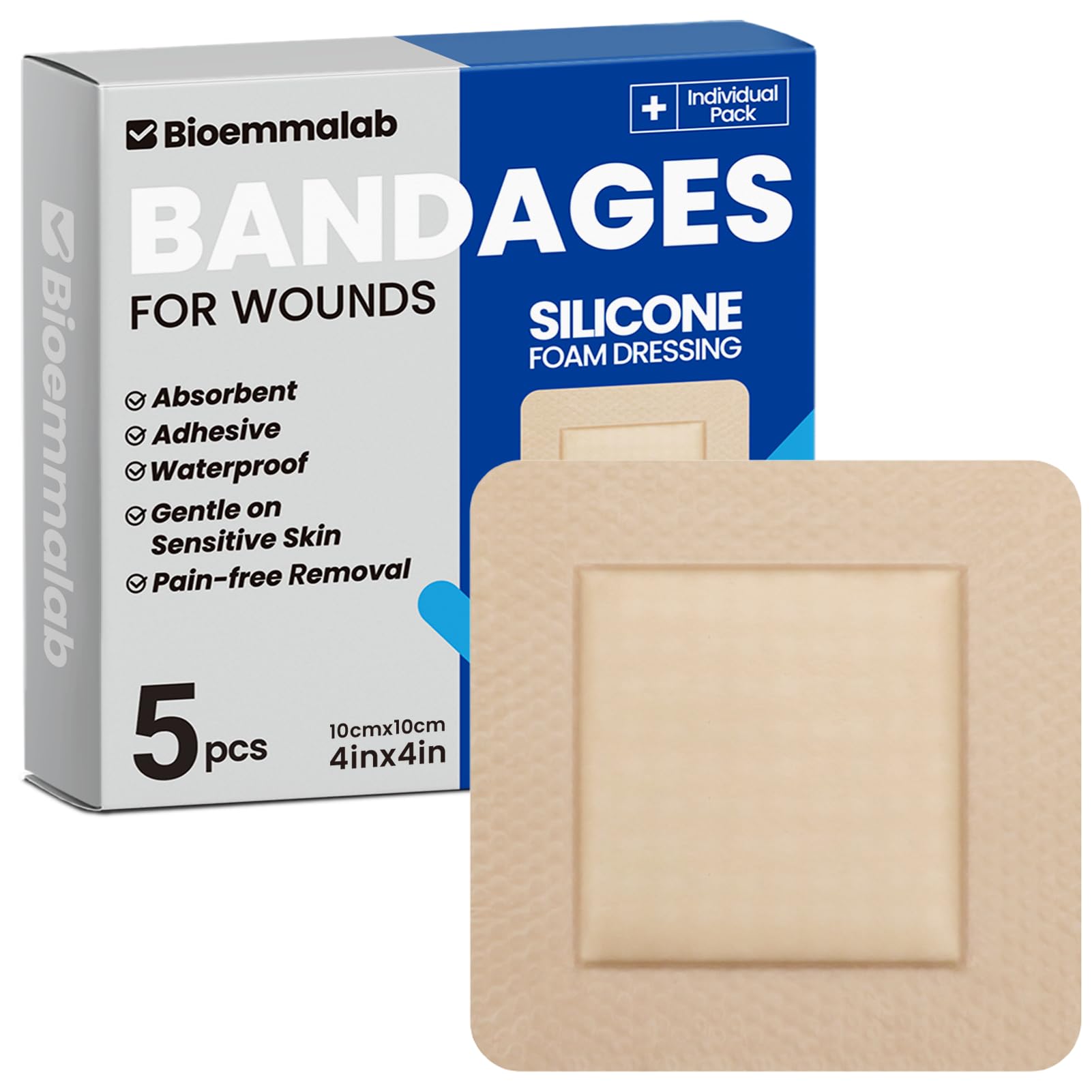 Large Waterproof Bandages 4X4 Silicone Foam Dressing Sensitive Skin, 5 PCS