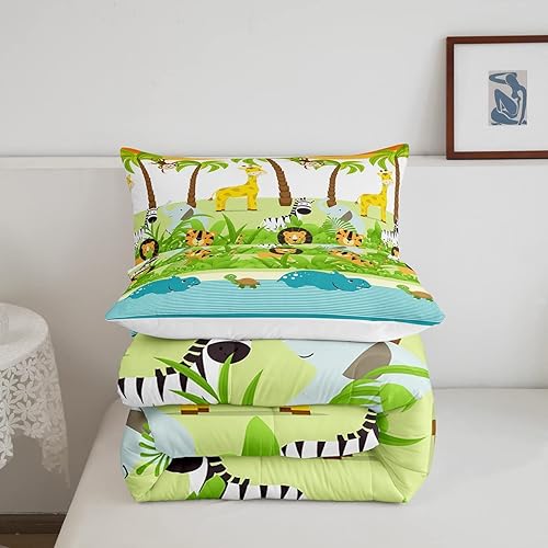 Miniatura 5 de Juego de edredón Kawaii de dibujos animados de animales lindos jirafa león elefante para niñas y niños, bonita decoración botánica de palmera,