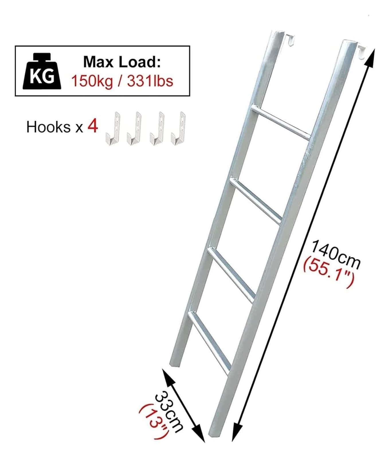 Ersatzleiter für Etagenbett, Etagenleiter, Etagenleiter, mit 4 Haken, Hubbett for Teenager, Etagenleitern, austauschbare Silberne Trittleiter(Large)