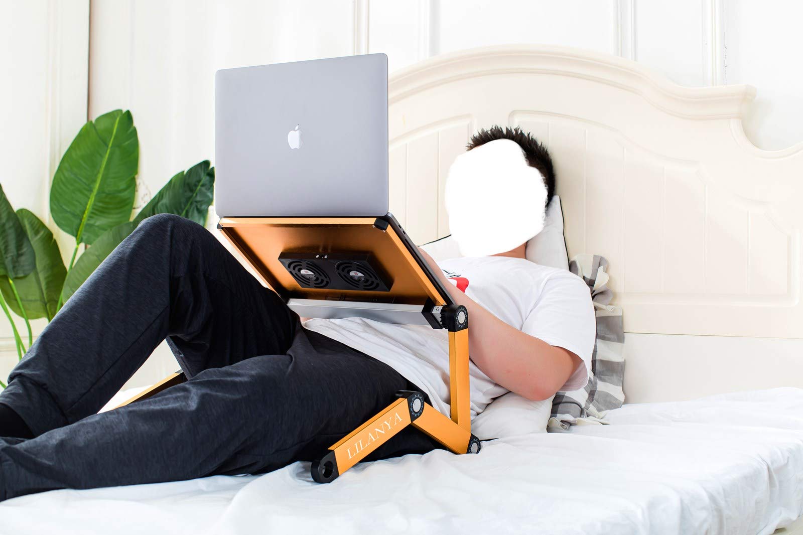 Support ergonomique pour ordinateur portable, portable, réglable, pour ordinateur portable, Ultrabook, MacBook pour lit et canapé avec ventilateurs USB pour le travail à la maison ou en voyage (jaune)