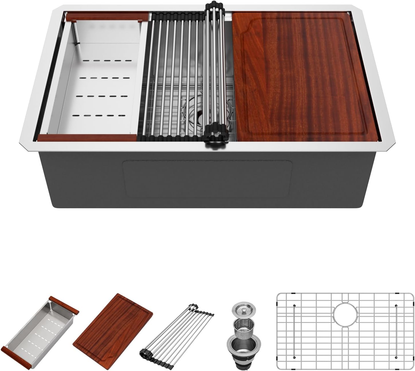 27 Inch Undermount Workstation Kitchen Sink - Beslend Stainless Steel Single Bowl Ledge Under Counter Sinks16 Gauge 10 Inch Deep Kitchen Stages Basin 27"x19"x10"