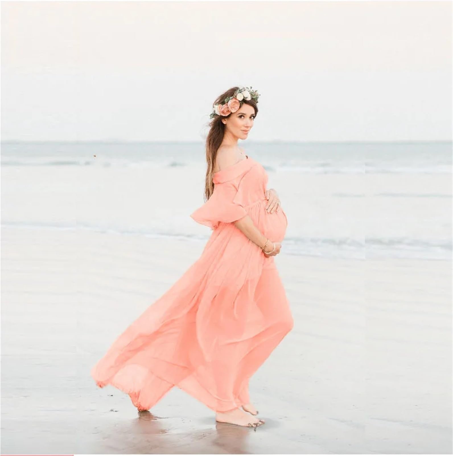 Abiti Premaman Abito Lungo Boho Ampio e Largo in Misto Raso di Cotone Chiffon, con Maniche fluide Spalle Scoperte, Sexy Fotografico for maternità