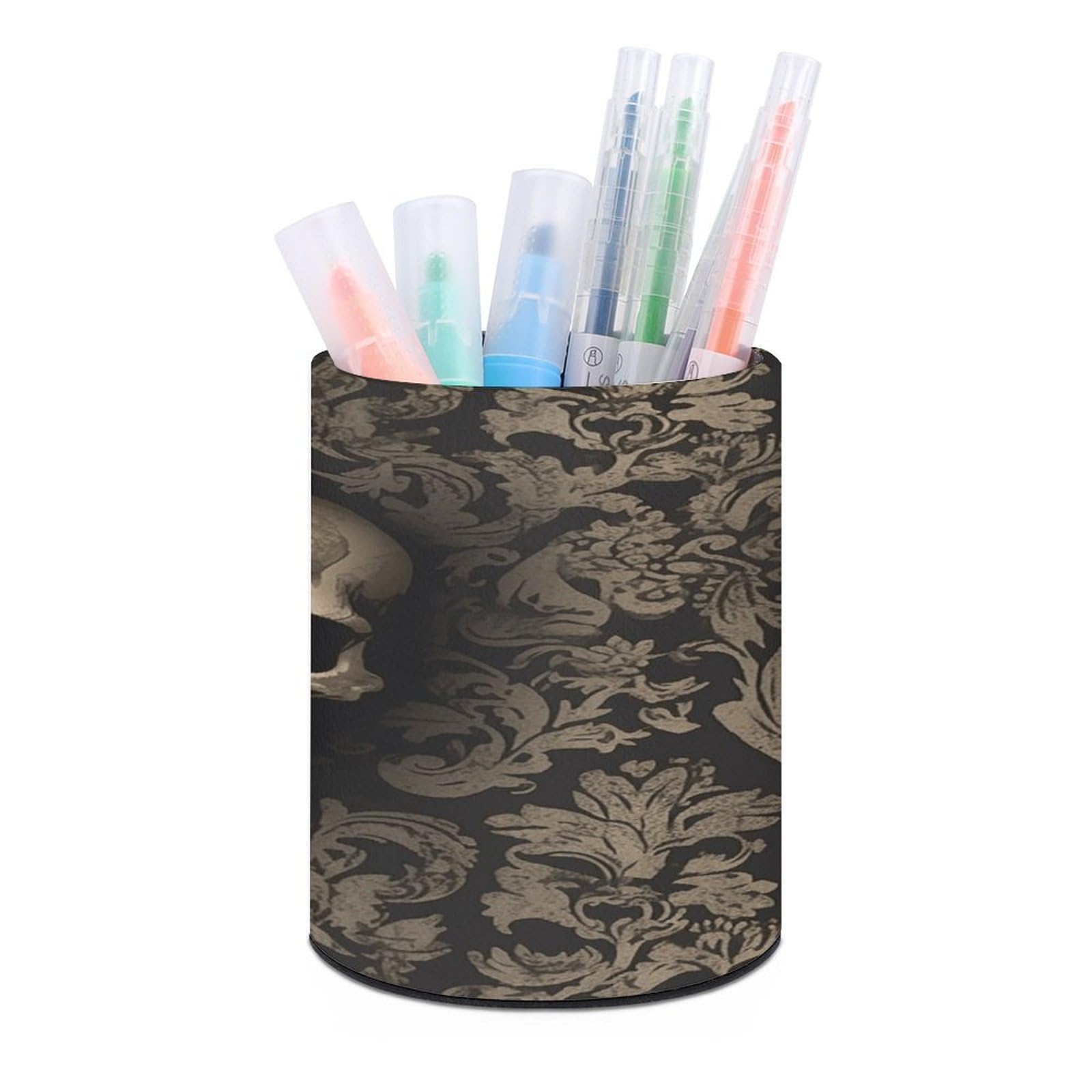 FekiLoot PU Leather Round Pen Holder Gothic Wallpaper Skull Pencil Holder Desk Organizer Pen Organizer Pen Cup Pencil Cup Caddy Desktop Stationery Organizers for Office Home Supplies