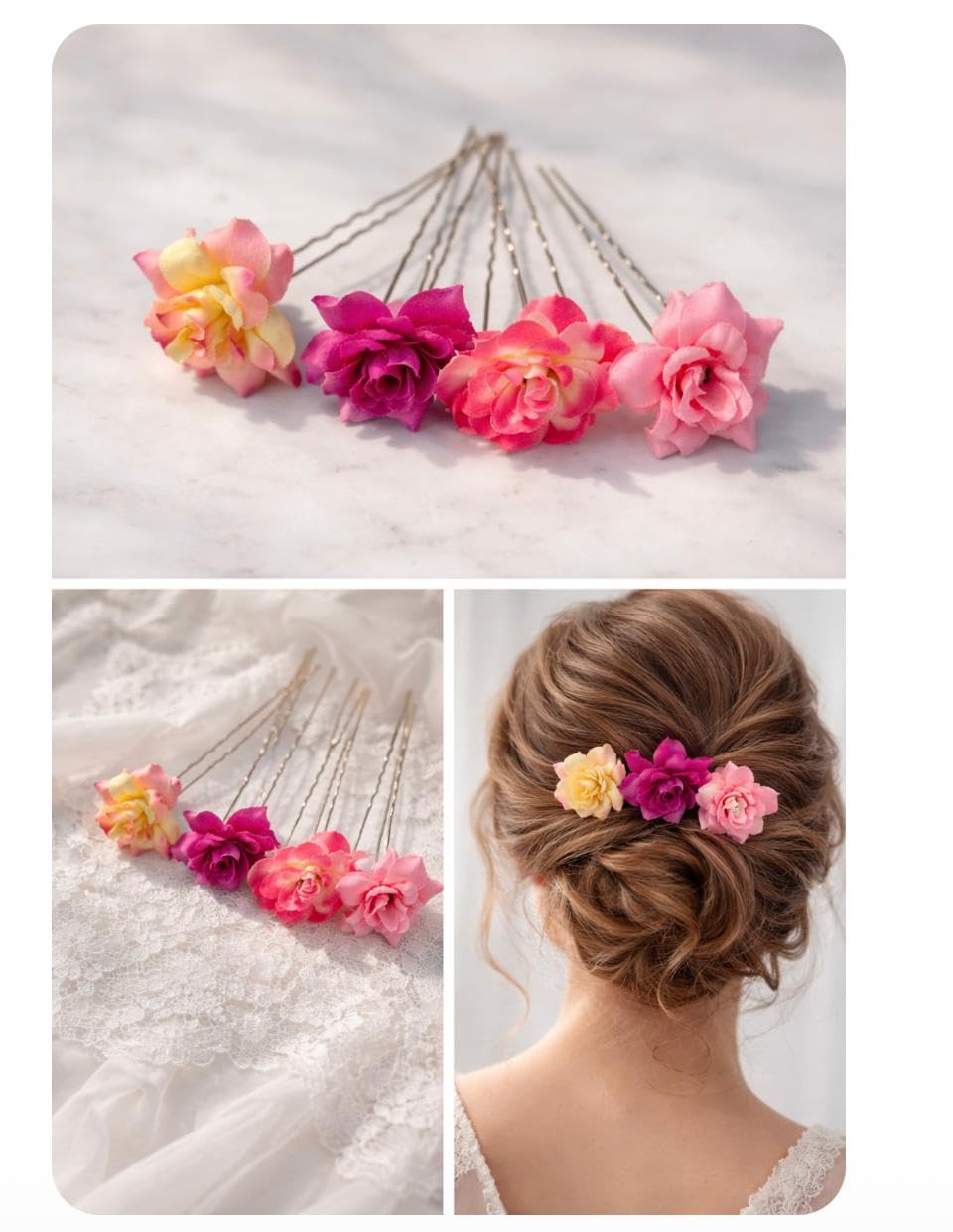 U Pins for Women, Bridal Golden Hair Accessories, Pink Purple yellowish Floroscent Flower Juda Pins for Wedding, Floral U Pins for Hair Styling, Artificial Flowers for Hair Pack of 4 Pcs-image-6