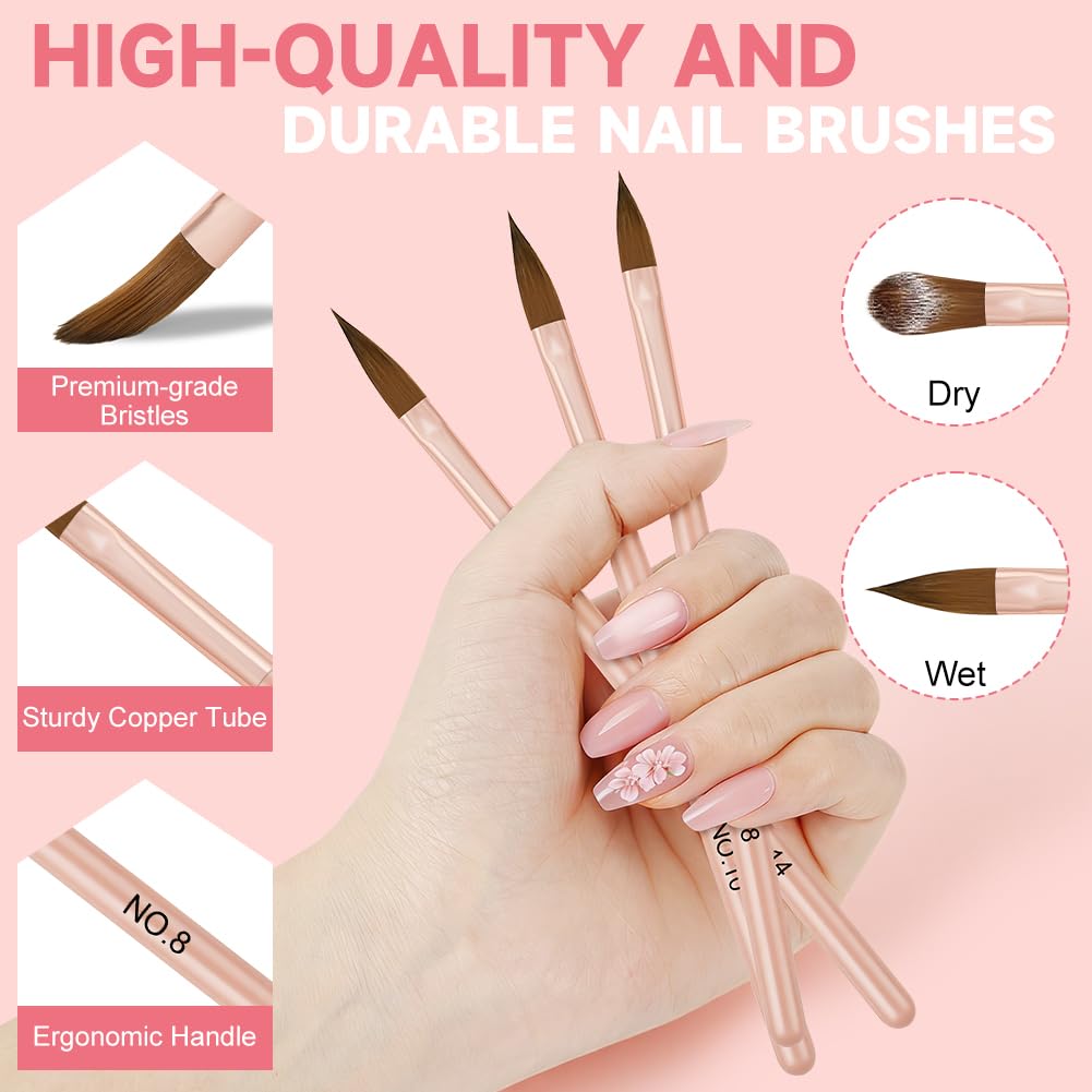 Pinceles Para Uñas,3PCS Pincel Para Uñas De Acrílico,Plumas De Arte De Uñas,Herramientas De Manicura Para Diy Diseño De Uñas,Diseño De Uñas En Gel y Manicura Profesional,Rosa