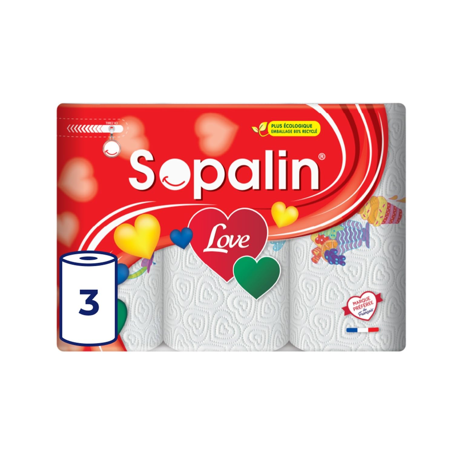 SOPALIN Love – 3 Rouleaux de Essuie-tout cuisine, Décoré, Texture en forme de cœur, Double épaisseur, Blanc - 2