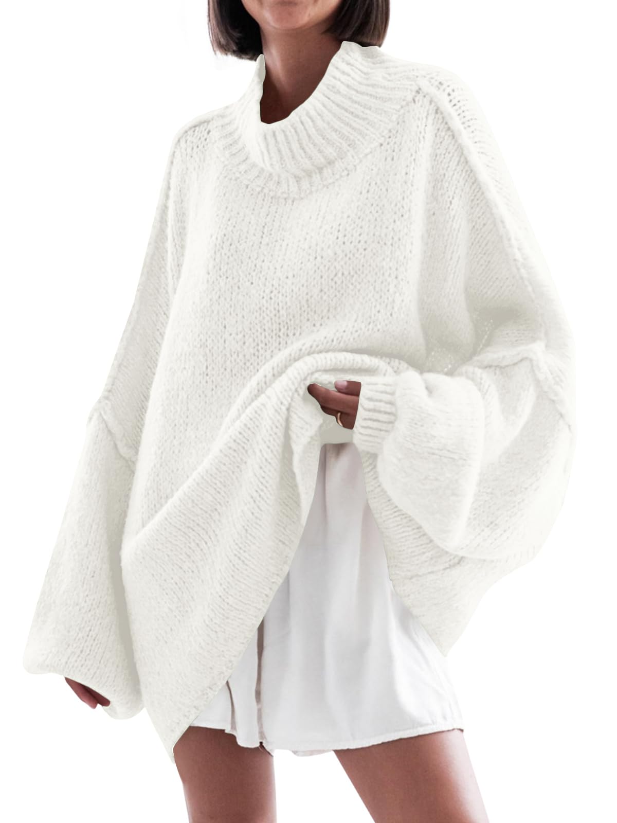 Saodimallsu Womens Oversized Sweaters Mock Neck Fall Winter Tunic Sweater Small White