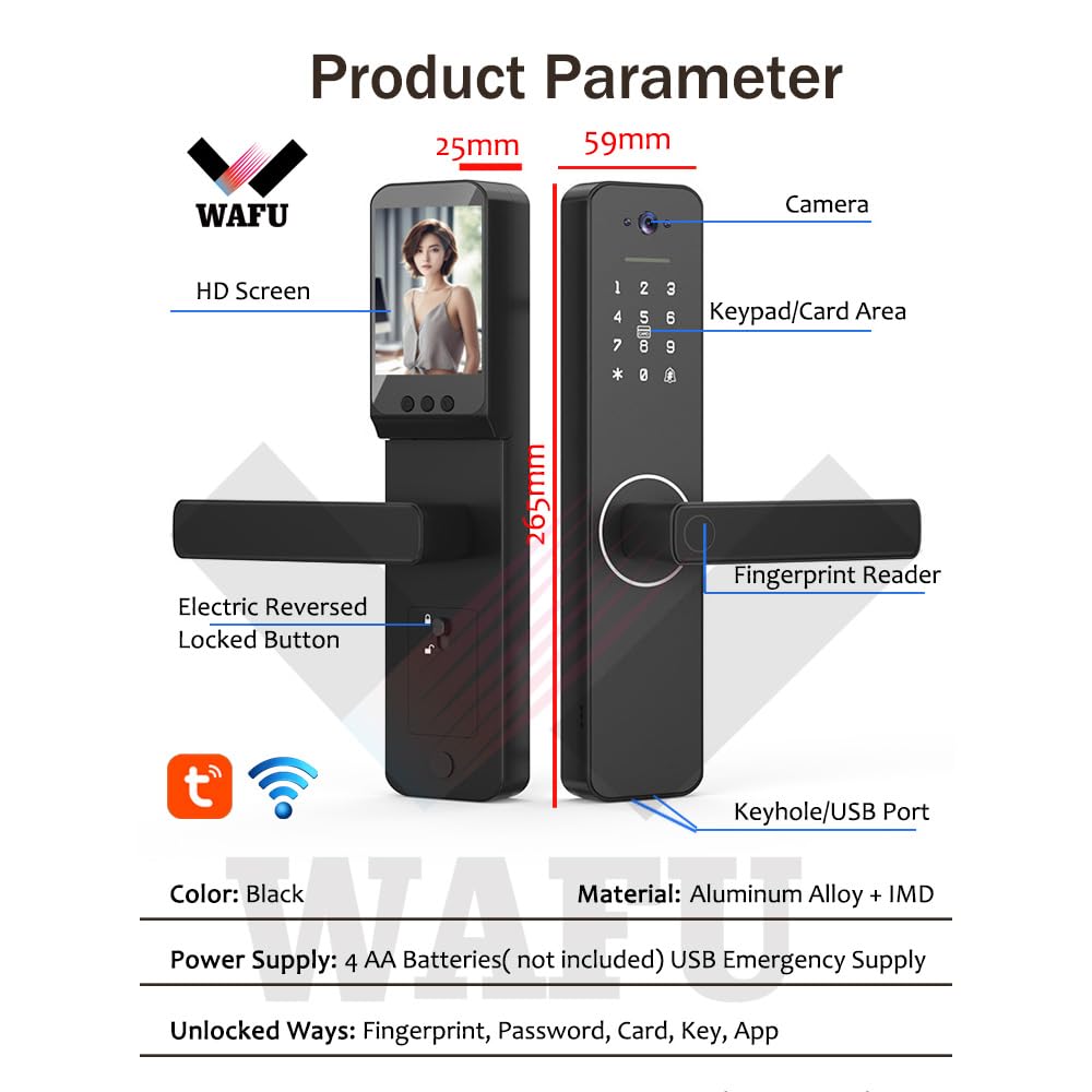 Cerradura Inteligente Con Cámara Gran Angular De 120° Y Timbre De Puerta Inteligente, Cerradura De Puerta Con Lector De Huellas Dactilares, Control Remoto De Aplicación, Cerradura De