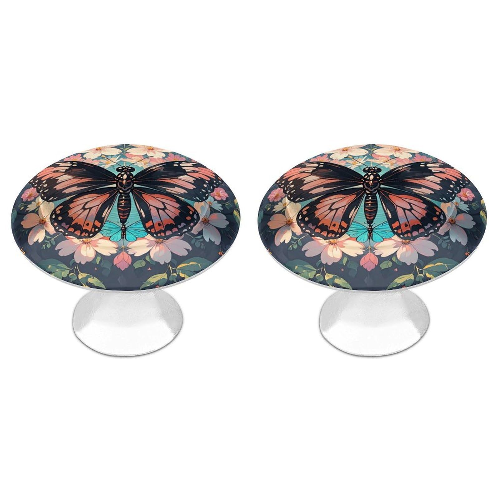 QMNLKH Flowers Butterflies and Dragonflies Cabinet Knobs for Home, Round Drawer Pulls for Kitchen, Personalized Cupboard Handles with Screw, Fashion Dresser Knobs for Office, Drawer Handles, 2 Packs