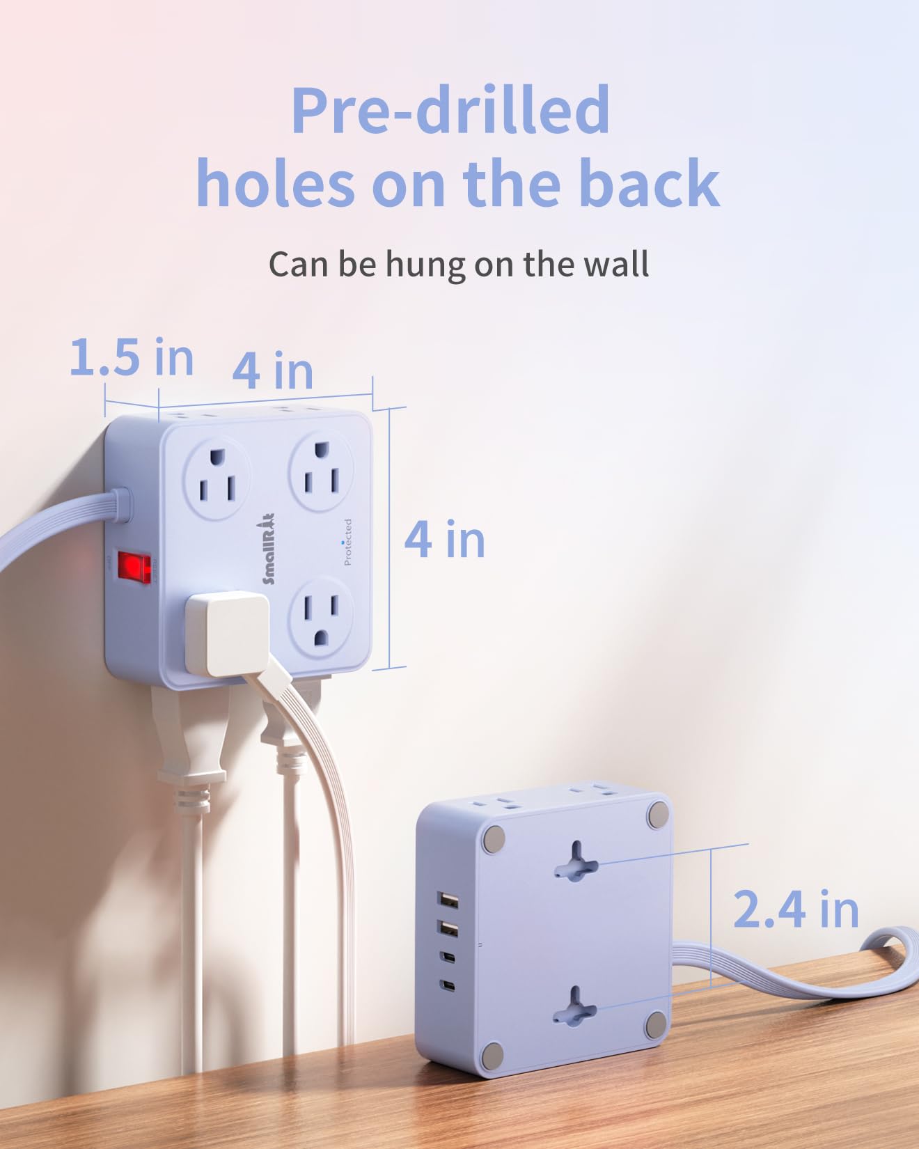 SMALLRT Elektrische Mehrfachkontakt-Steckdose, flach, mit Überspannungsschutz, 8 AC-Steckdosen, 4 USB-Ladegeräte (1 USB-C-Port), ultradünn, flache Steckdose (Blau, 1,98 m)