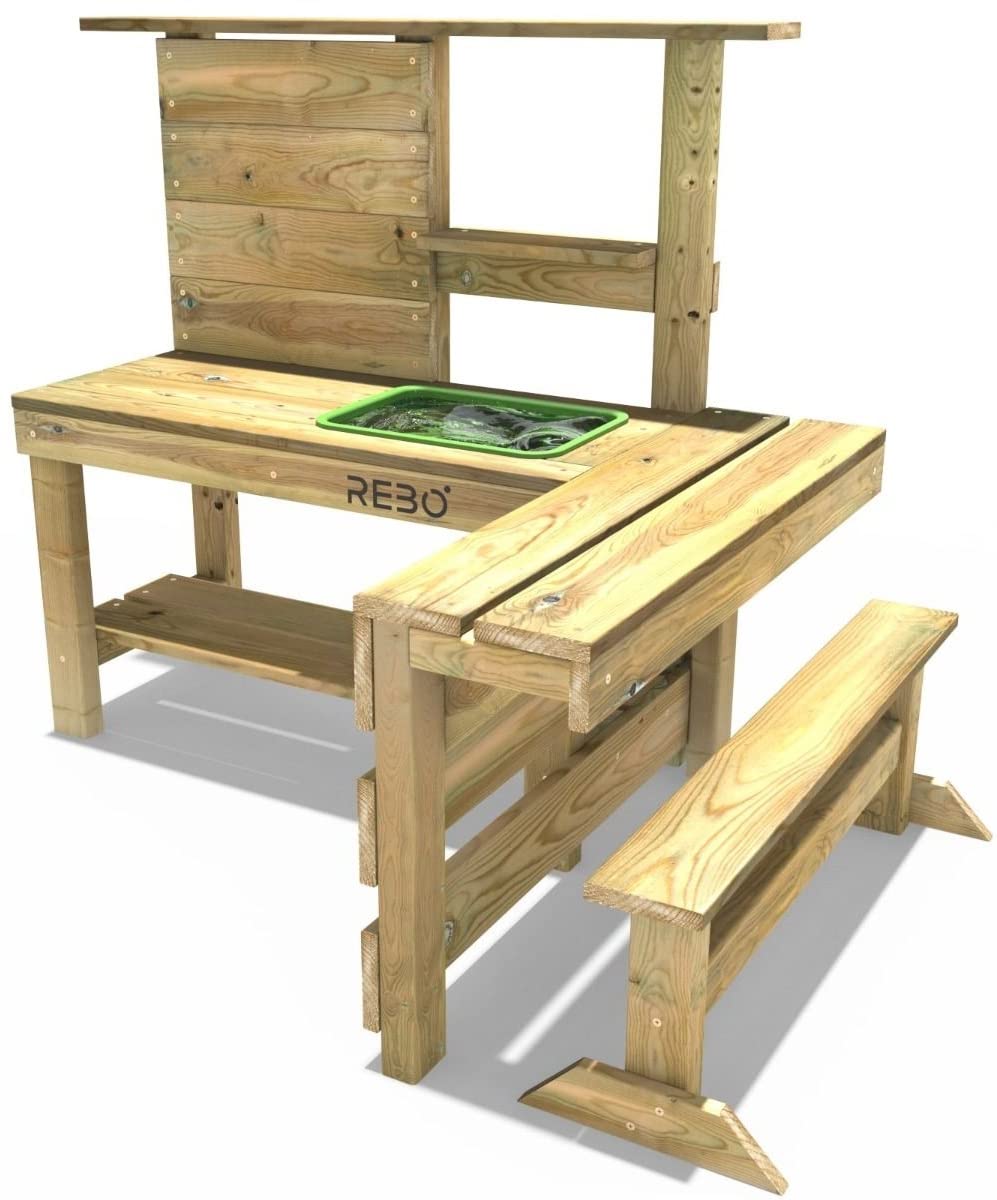 Rebo® Muddy Mischief Children’s All Weather Outdoor Mud Kitchen, Play Kitchen Kid's Diner - Peppermint | Outdoor Toys | Integrated Shelves, Sink and Prep Area, Breakfast Bar