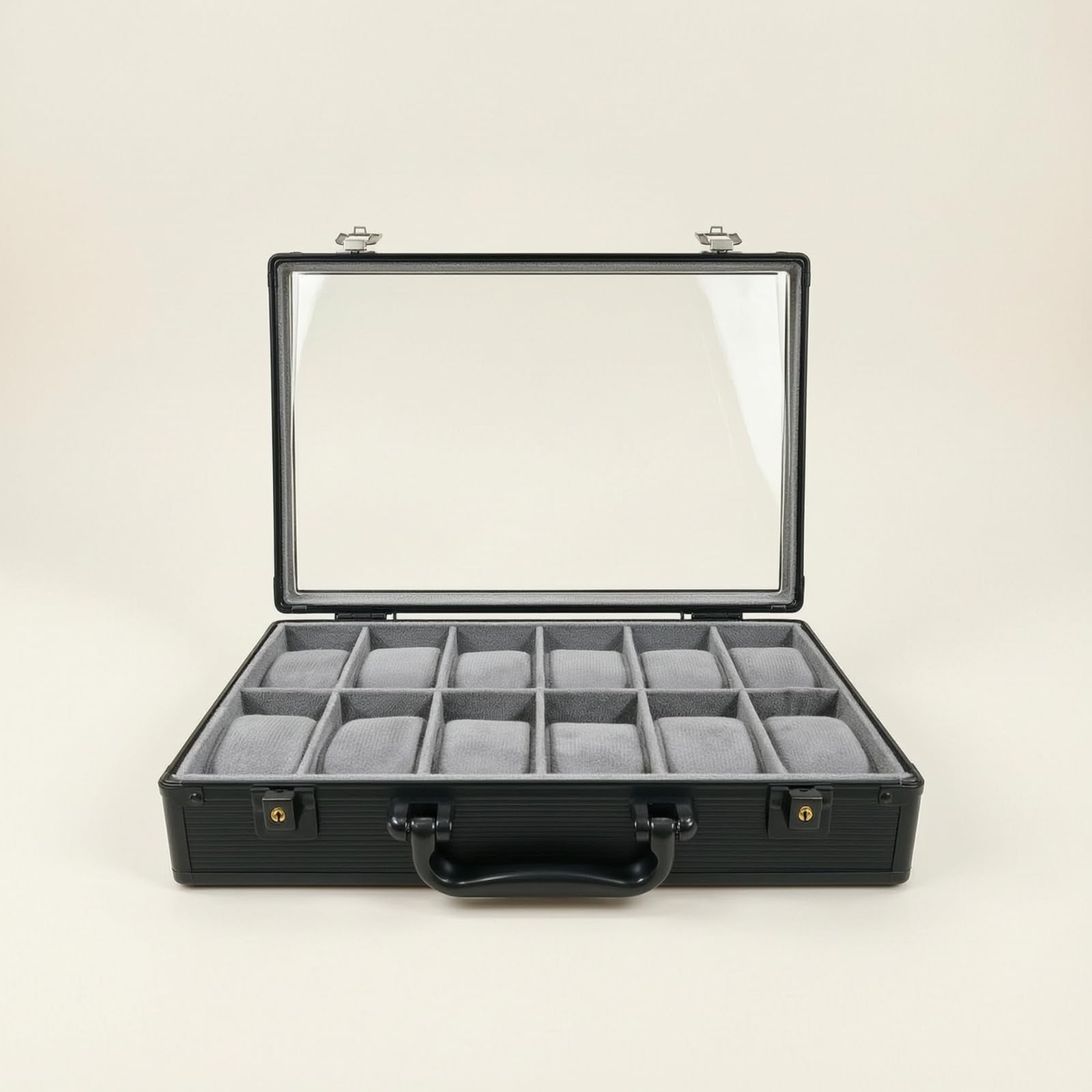 Uhrenaufbewahrungsbox Aluminium Uhrenkasten Organizer Uhrenetui Uhrenvitrine mit Gepolsterten Einsätzen Und Tragbarkeit für Sammlungen Reisen Zuhause, color to 1, 12 Fächer