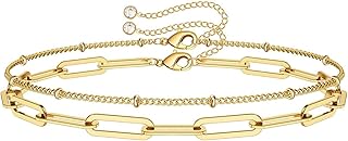 Lian 2Pcs Dainty Gold Bracelets for Women Girls Layered Gold Bracelets Paperclip Chain Link Bracelet Anklet 14K Gold Plate...