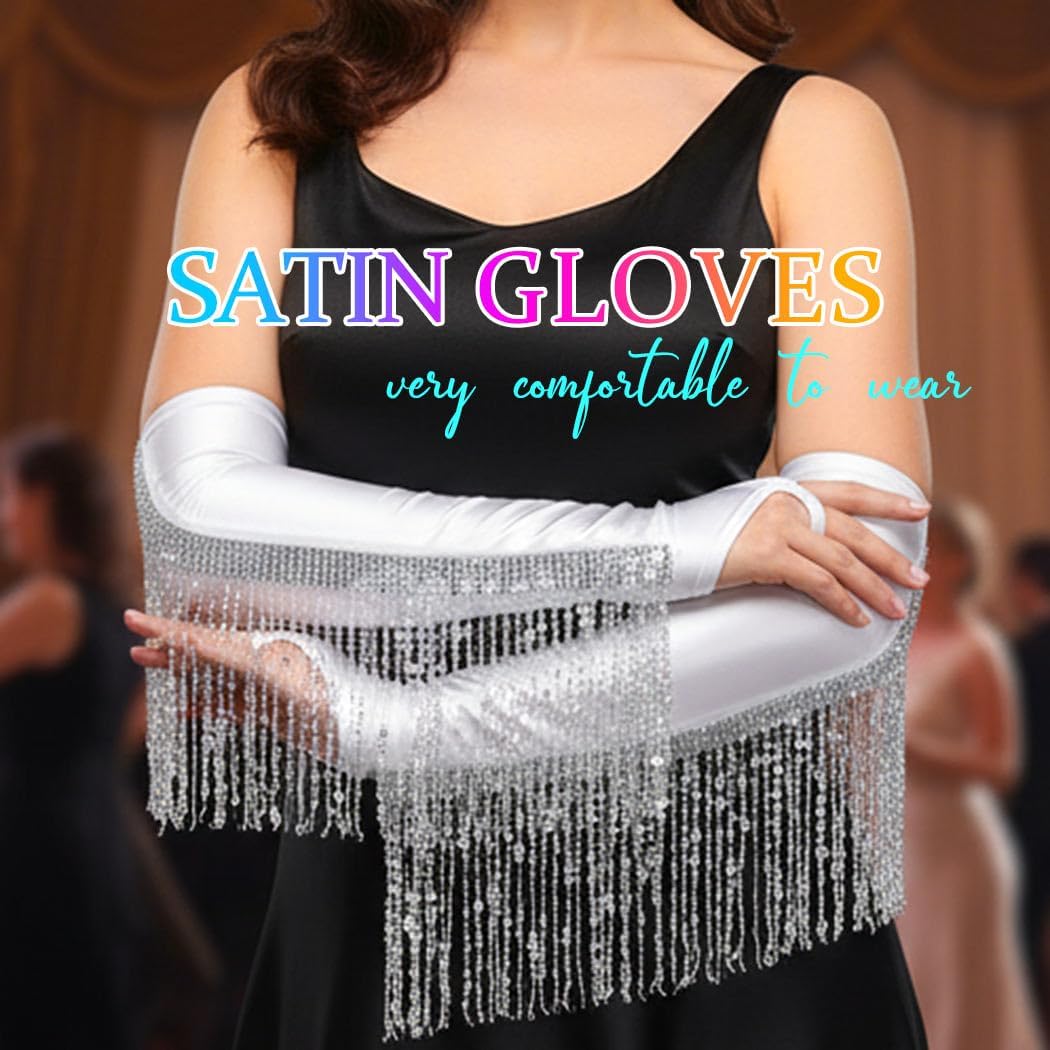 CASDRE Long Fingerless Satin Gloves Sequin Tassel 1920s Opera Gloves Elbow Length Halloween Cosplay Glove for Women and Girls - Image 4