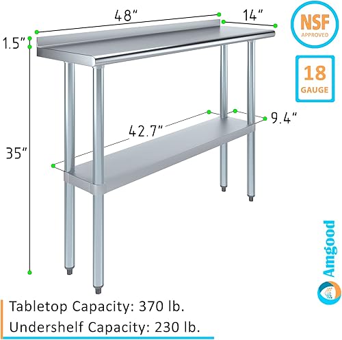 Miniatura 3 de AmGood Mesa de trabajo de acero inoxidable de 14 x 48 pulgadas con protector contra salpicaduras de 1.5 pulgadas  Mesa de preparación de alimentos