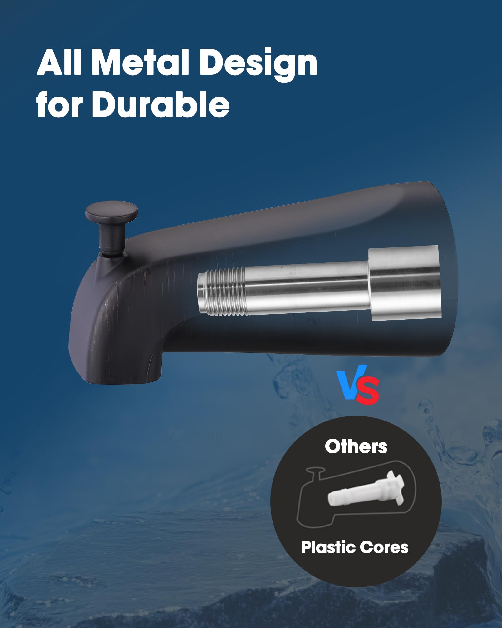 Boquilla de bañera de metal con desviador, boquilla de bañera de 5.3 pulgadas, se adapta a tubos roscados IPS de 1/2 pulgada y tubos roscados IPS de 1/2 pulgada o 3/4 pulgadas, fácil elevación para