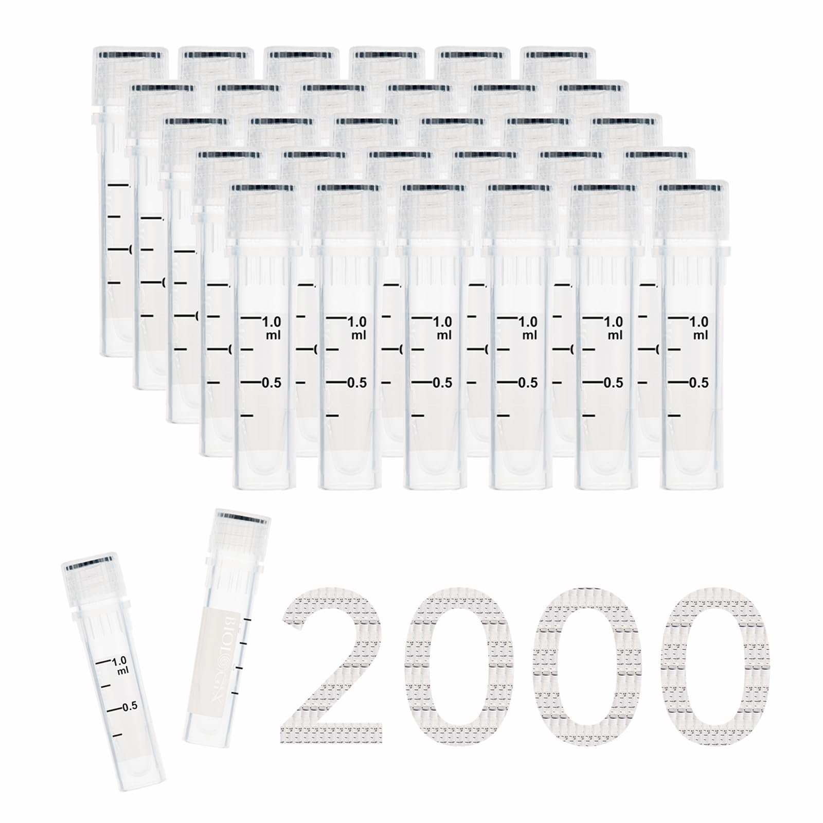 2000 sztuk plastikowych probówek kriologicznych, 1,5 ml, próbniki z tworzywa sztucznego z nakrętką, laboratoryjne rurki do zamrażania, plastikowe rurki
