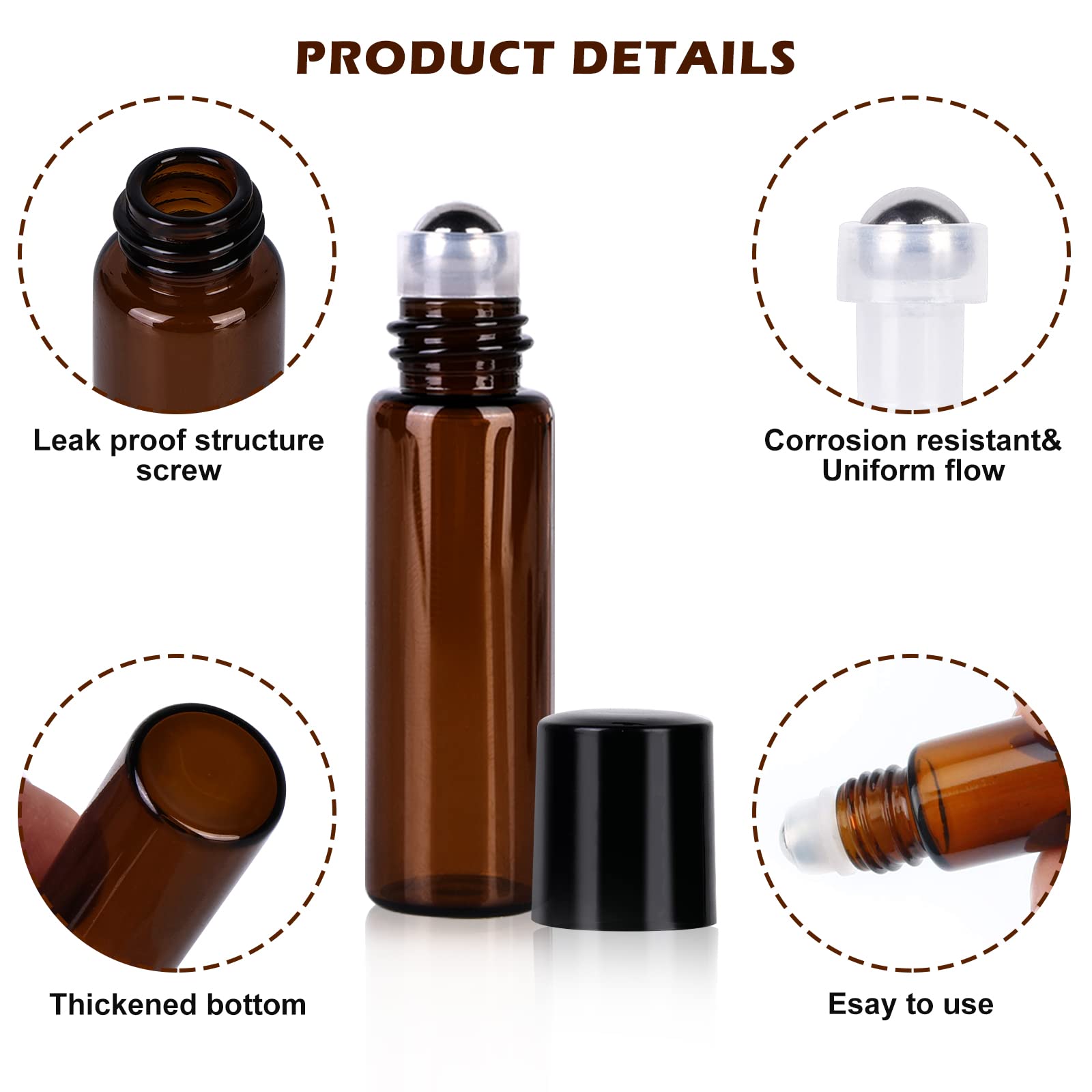 Vegena Roll On Vuoto per Oli Essenziali,40 PCS Flaconi Roll-On per Oli Essenziali 5ML,Roll On Bottiglie,Ricaricabili Bottiglia a Rullo in Vetro,Marrone Roll On Bottiglia