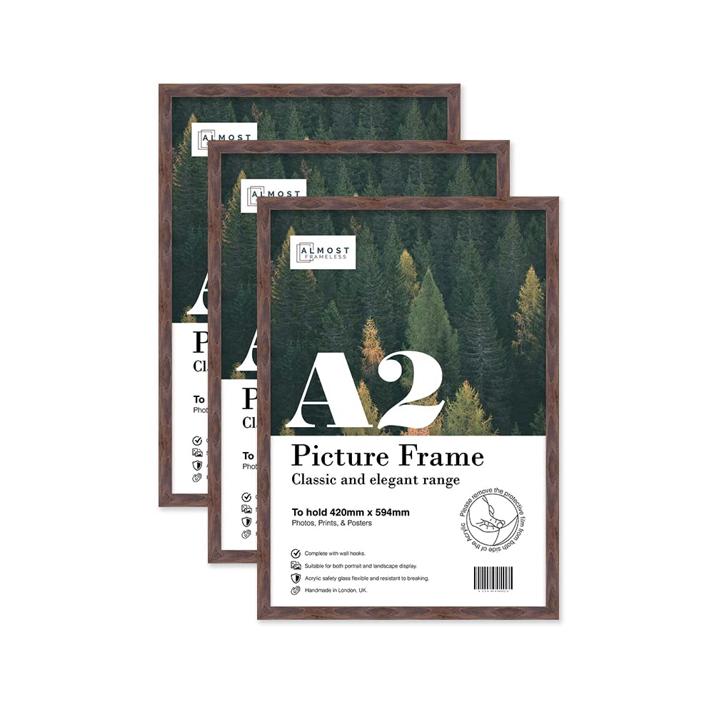 Almost Frameless Walnut A2 Picture Frame Set Of 3, Display A2 Picture Gallery Wall, Poster, Photo, Artwork, Or Print,