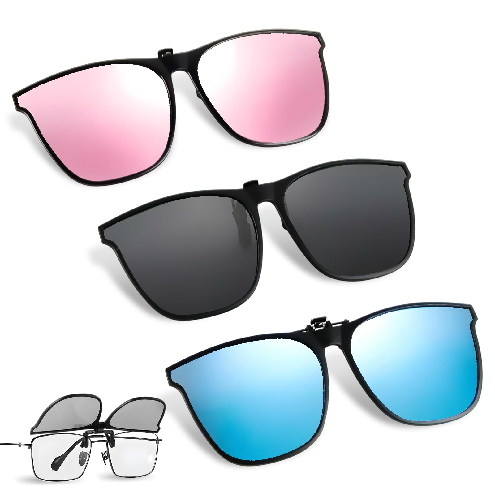 Clip Gafas de Sol Polarizadas, 3 Piezas Lentes de Sol Polarizadas para Mujer Hombre, Gafas de Sol para Gafas Graduadas, Flip up Gafas de Sol Sin Montura