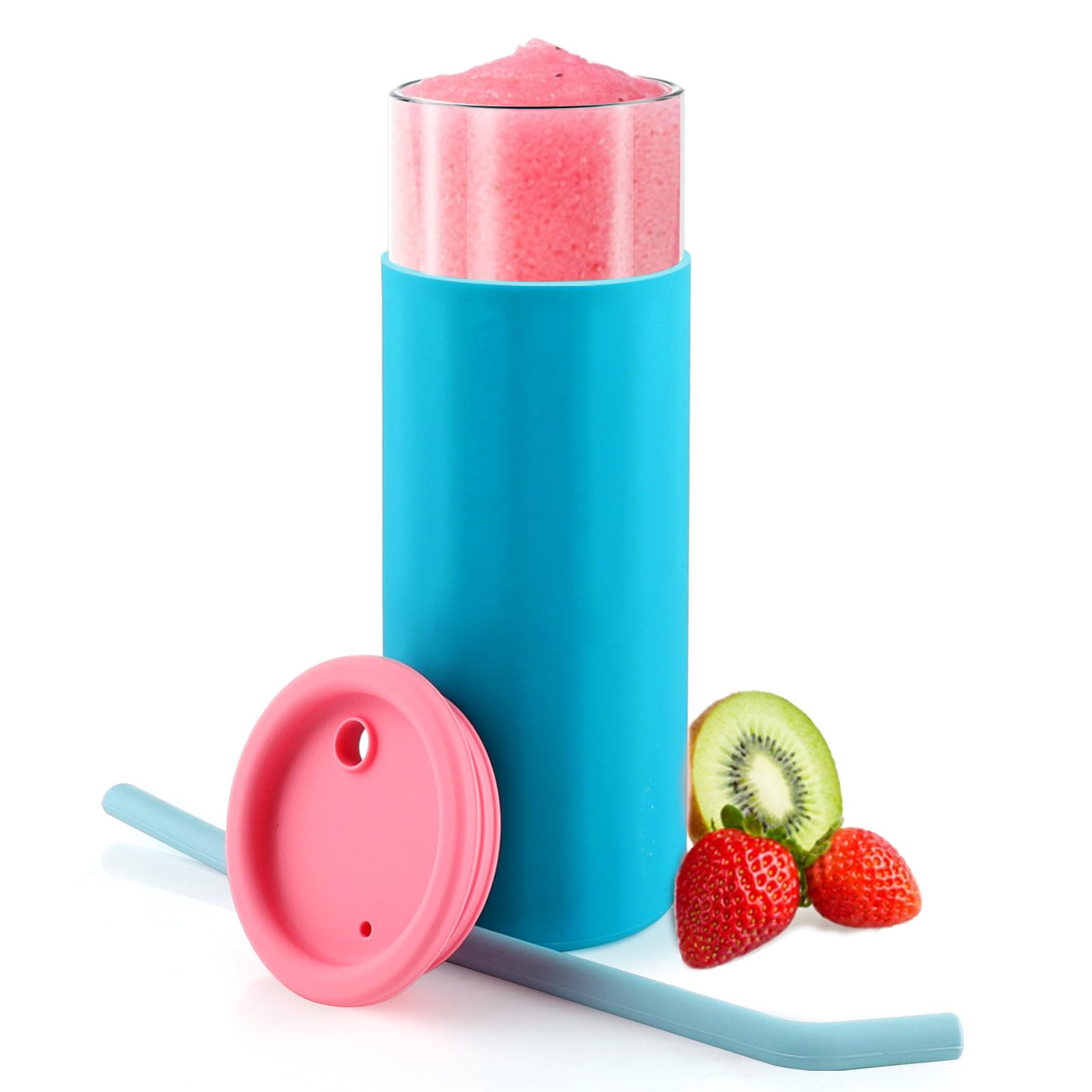E SUPEREGROW Glass Tumbler with Lids and Straw,Glass Iced Coffee Cup Water Bottle with Silicone Protective Sleeve,Reusable Cute Smoothie Cup-BPA Free (BluePink)
