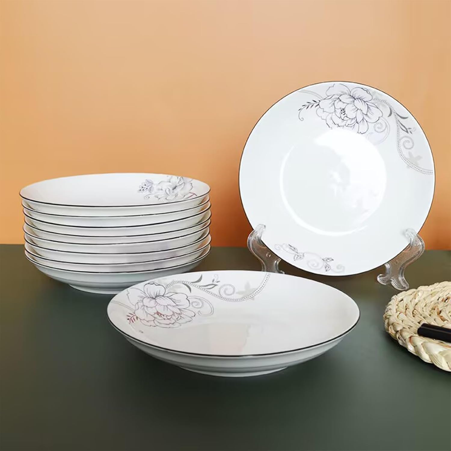 5 Pack Ceramic Plates with Flower Pattern, 7 inch Large Dessert Salad Porcelain Dinner Plates, Ceramic Dessert Dishes for Steak, Pasta, Pizza, Appetizer (Dishwasher Safe & Microwave Safe)
