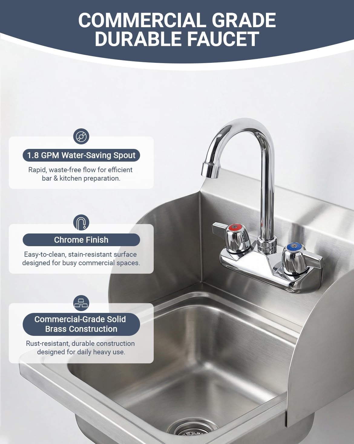 Commercial Sink Faucet Wall Mount 4" Center Hand Sink Faucet - 3-1/2" Gooseneck Spout, Dual Handles for Commercial Kitchen, Laundry/Restaurant | Commercial-Grade Brass Body, Ceramic Valve